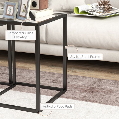 HOMCOM Nesting Tables Set of 2, End Table with Tempered Glass Top, Black - Picture 7 of 11