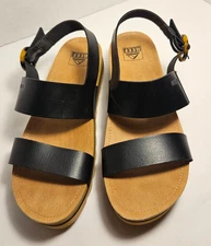 Reef Women's Cushion Vista Hi Buckle Platform Sandals Black Tan Size 9 EU 40