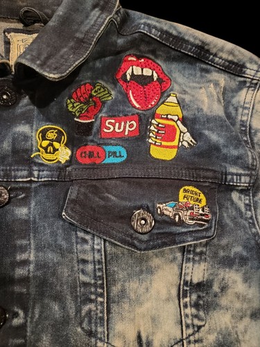 XL - Smoke Rise Denim Jacket Good Vibes Only Skeleton Skull Coexist Acid Wash - Picture 3 of 8