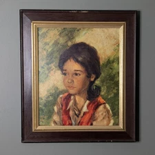 Vintage F.P. Nicol "Bambino" Wood Framed Oil Painting Print Signed 15" x  18"  