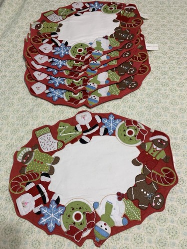 Christmas Placemats Set of 6 Appliqued Beads Santa,Gingerbread Men,Tree, Wreaths - Picture 3 of 11