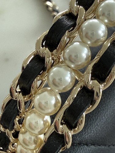 NEW Chanel Black Flap Bag Chain Pearl Gold Mini Lambskin Shoulder Crossbody RARE - Picture 8 of 17