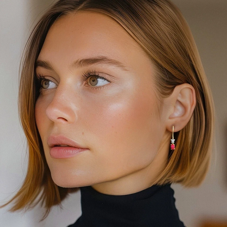 14K Solid Two Tone Gold Diamond Oval Ruby Dangle Earrings - Image 3 of 4