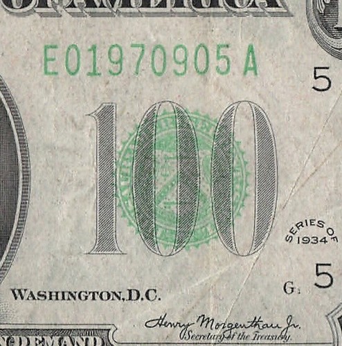 1934 Richmond One Hundred Dollar Bill E01970905A G1 Back Plate 74