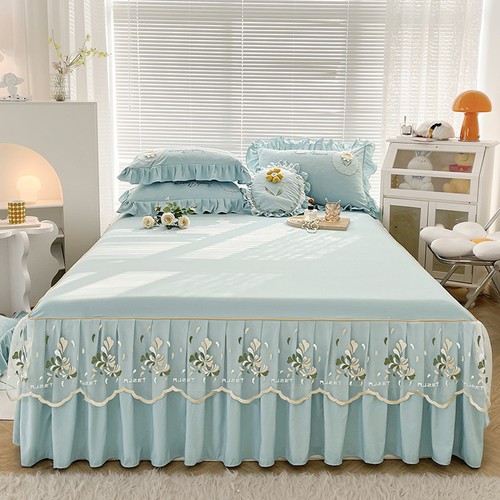 Falda de cama de encaje texturizada con flores 3D delgada Queen King sábana sólida - Imagen 28 de 31