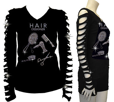 BLING HAIR DESIGNER RHINESTONE,T SHIRT RIPPED SLIT CUT OUT SALON Scissors S~4xL