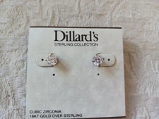 Dillards 18KT Gold Over Sterling Silver Clear Cubic Zirconia Stud Earrings Class