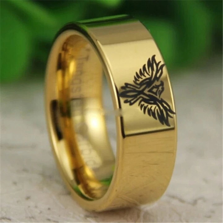 Anillo de carburo de tungsteno grabado diseño Fénix ejército militar color oro 8 mm Foto 2 de 4