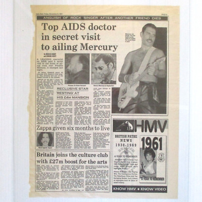 Freddie Mercury 8th November 1991 'Daily Mail' Newspaper Aids Article (Queen)