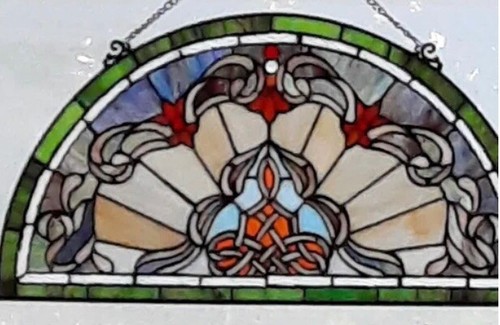 24" Tiffany Style Stained Glass Semi Circle demilune Window Panel Suncatcher - Picture 3 of 3