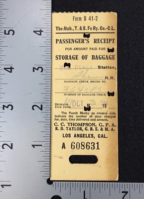 1944 Atchison Topeka The Santa Fe Rr Baggage Train Ticket From S D To L A Ebay