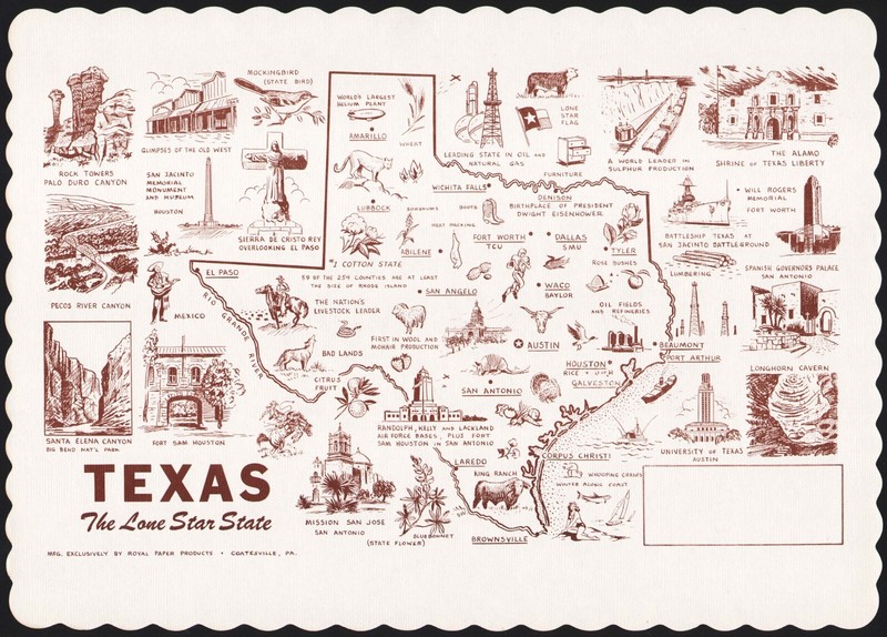 Vintage placemat TEXAS The Lone Star State map with various landmarks pictured
