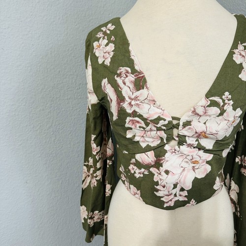 Zara Women Bloggers Fav Khaki Floral Bohemian Linen Blend Cropped Top Sz L - Picture 3 of 14