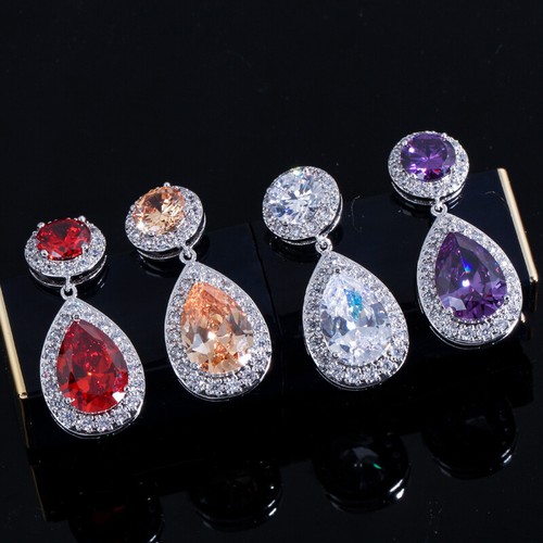 Silver Plated Cubic Zirconia Purple Crystal Long Drop Earrings for Women Party - Picture 16 of 25