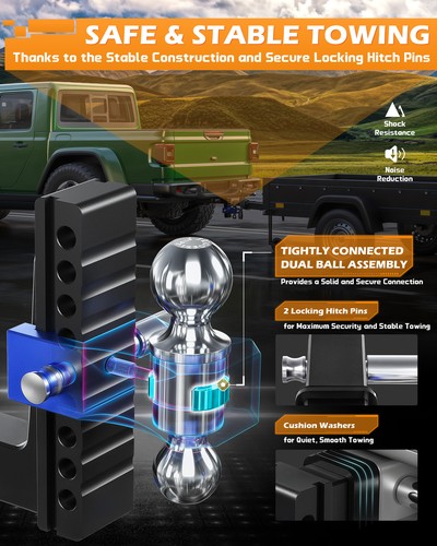 2" Receiver 8" Drop Trailer Hitch Adjustable Tow Hitch Dual Ball 12500 lb W/Lock - Picture 6 of 8