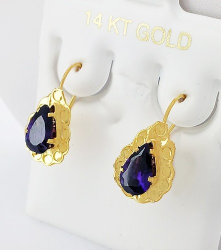 LAB CREATED 2.25 Cts AMETHYST DANGLING EARRINGS 14K GOLD - New With Tag - Picture 2 of 5