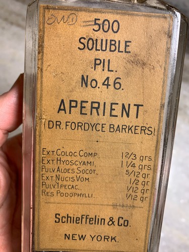 Antique Bottle ORIGINAL PILLS LABEL Aperient Dr. Barkers Schieffelin NEW YORK - Picture 3 of 21
