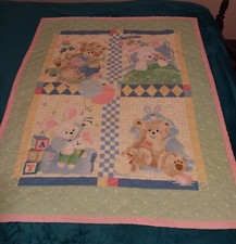 Vintage Baby Quilt Pastel Crib Blanket Animals Teddy Bears Bunnies 35x44