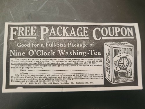 Vintage 1921 Nine O Clock Washing Tea Coupon For Free Package - Picture 1 of 5