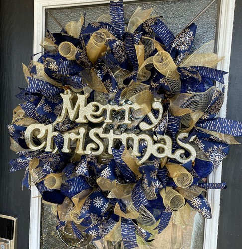 XL Navy Blue Gold Merry Christmas Deco Mesh Front Door Wreath Holiday Decoration - Picture 2 of 7