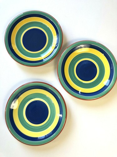 3-Pier 1 Imports 8" SALAD Desert Bread Plates Set Border Stripes Colorful Bands - Picture 2 of 4