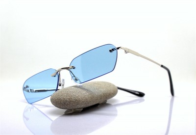 OCCHIALI DA SOLE uomo ottagonale rettangolare senza montatura argento blu  hippy | eBay