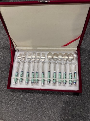 Koreanische Silber Emaille Cloisonne Löffel & Gabeln Blumenmuster 12er Set NEU in Box - Bild 8 von 8