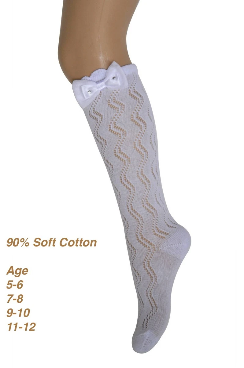 Girls Kids white Knee High Pelerine Socks Bow diamonds School