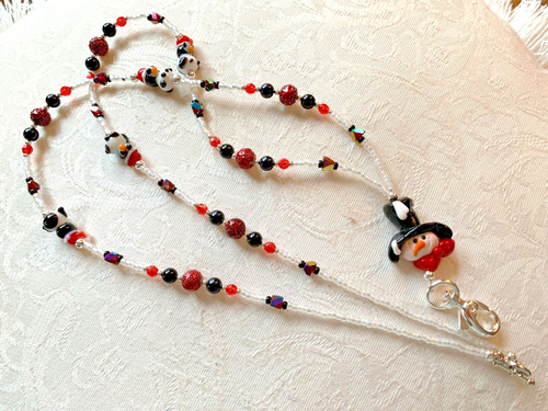 HAND CRAFTED Winter SNOWMAN Beaded Lanyard 38" "LET IT SNOW" 19" Neck To Bottom - Picture 2 of 5