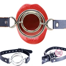 Steel Double Round Ring Open Mouth Gag Faux Leather Oral Fixation Bondage BDSM