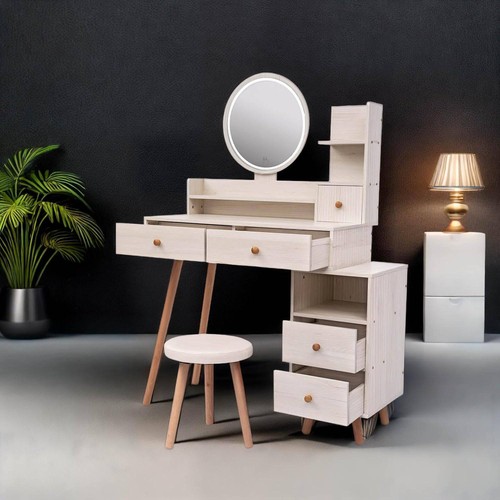 Makeup Vanity Set LED Mirror 4 Drawer Vanity Table w/Stool Bedroom Dresser Desk - Picture 1 of 10