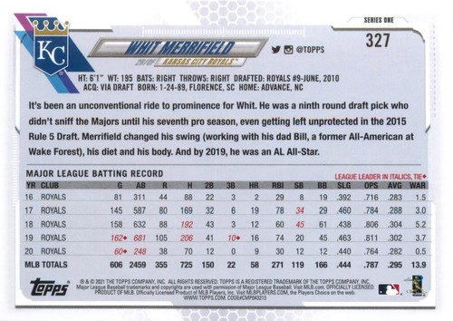 Whit Merrifield 2021 Topps Series 1 70th Anniversary Card#327 Kansas City Royals - Picture 2 of 2