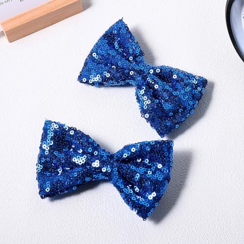 4 inch Glitter Blue Sequin Bow Hairpin Alligator Clips July 4th Dark Blue-2pcs - Picture 2 of 7