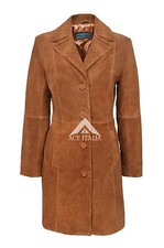 Trench Tan Ladies Classic Knee-length Designer Real Suede Leather Coat 3457