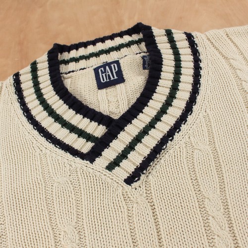 vtg 90s GAP striped cable knit cotton v neck varsity tennis sweater MEDIUM tag - Picture 3 of 6