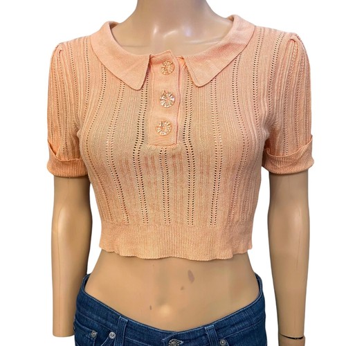For Love And Lemons Phoebe Polo Knit Top Medium Cropped Pointelle Coquette