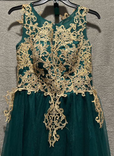 Hunter Green Formal Long Dress - W/Taffeta - Style #8 100% Polyester W/Gold Appl - Picture 3 of 6