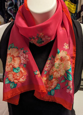 OSCAR DE LA RENTA Silk Scarf Japan Floral Red Pink Gold Accents Green 10x50