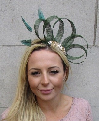 Navy Blue Bottle Green Feather Fascinator Sinamay Silver Wedding Races Hair 6367