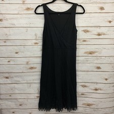 Eileen Fisher Black Silk Blend Crochet Hem Surplice Tank Dress XS Lagenlook