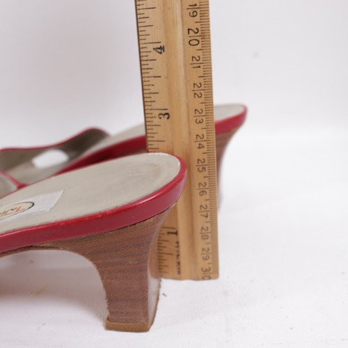 Talbots Slip On Sandals 6 Bright Red Leather Faux Wood Block Heel Open Toe - Picture 8 of 13
