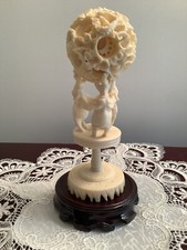 Chinese Carved Resin Dragon Layered Puzzle Ball on 3 Elephants Stand  Base 8  