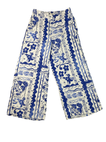 Joie 100% Linen Pants M Blue White Boho-chic Floral Wide Leg Beach Resort Flowy