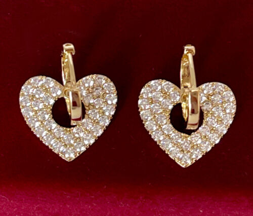 Luxus Herz Ohrringe Creole Hänger Zirkonia Kristalle 585er Gold 14K vergoldet - Bild 1 von 7