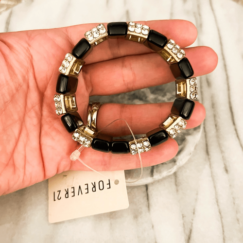 Forever 21 Stretch Bangle Bracelet Black Acrylic Rhinestone NWT - Picture 3 of 4
