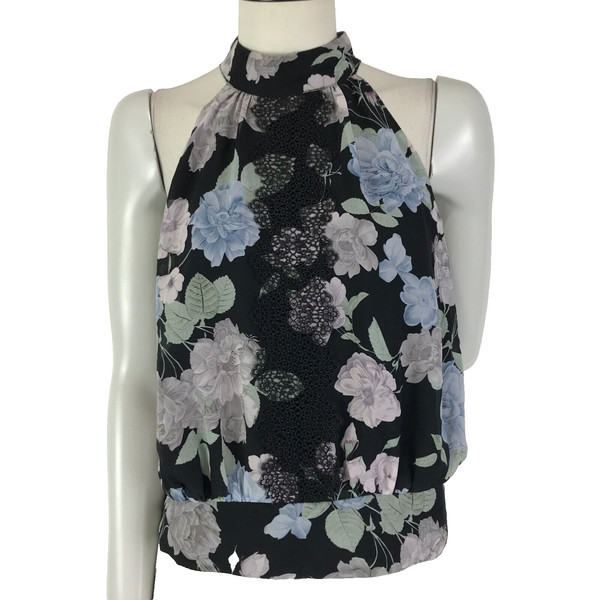 Portmans Top Black Size 12 Floral Lace Detail Halter High Neck Elastic Waist
