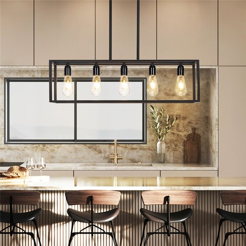 Industrial Black Chandelier Rectangle Hanging Ceiling Light Fixture Dining Room - Picture 6 of 12