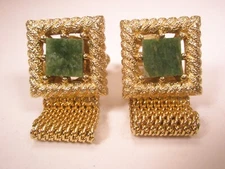 Genuine Green Jade & Gold Tone Wraparound Mesh Watchband Vintage Cuff Links