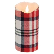 NEW PILLAR CANDLE Plaid Cloth Cover Red White Blue Motion Faux Flame 3"x6"