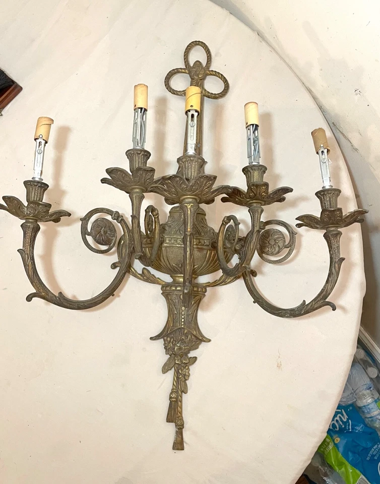 LARGE antique ornate Spanish style gilded bronze brass wall sconce fixture light - Image 3 of 4